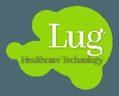 Logo von Lug Healthcare Technology, das eine fette schwarze Schrift in einem blauen und weißen Kreisemblem auf einem weißen Hintergrund zeigt.
