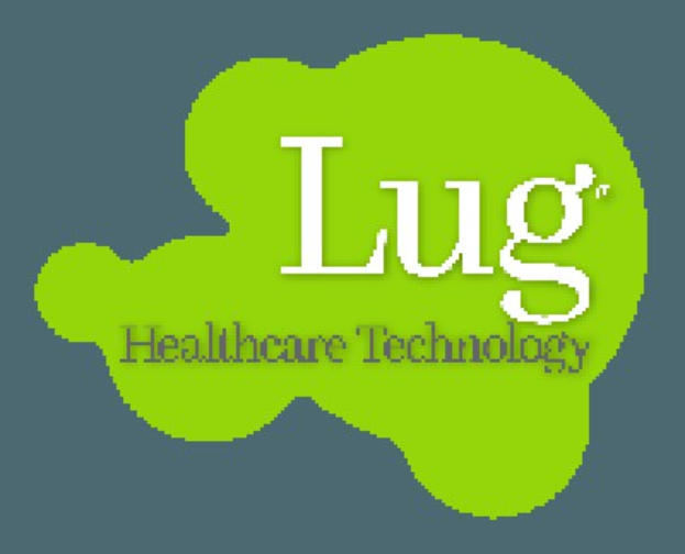 Logo von Lug Healthcare Technology, das eine fette schwarze Schrift in einem blauen und weißen Kreisemblem auf einem weißen Hintergrund zeigt.
