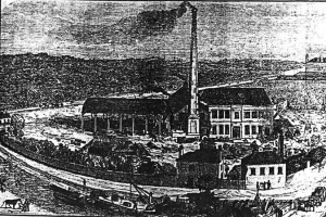 Eine Schwarzweiß-Zeichnung einer Fabrik in einem Feld mit Gebäuden, Bäumen und einem Mast im Vordergrund und Text unten, der 'The New York State Penitentiary' liest.