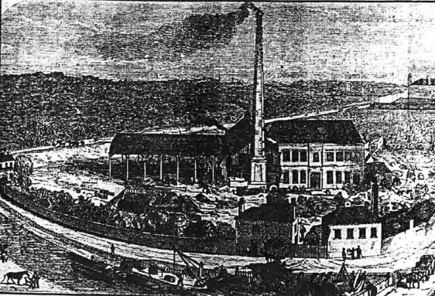 Eine Schwarzweiß-Zeichnung einer Fabrik in einem Feld mit Gebäuden, Bäumen und einem Mast im Vordergrund und Text unten, der 'The New York State Penitentiary' liest.