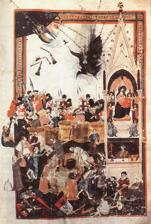 Illuminierte Handschrift mit einer Darstellung des Sturzes der rebellischen Engel, mit einer Gruppe von Menschen in einer Kirche, leuchtenden Farben, detaillierten Details und fettem Text.