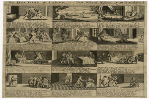 Ein Blatt mit Abbildungen eines Arztes im Laborkittel, einer Krankenschwester in einem Kleid und eines Patienten in einem Krankenhausbett sowie einem Text, der die Ärzte und ihre Arbeit beschreibt.