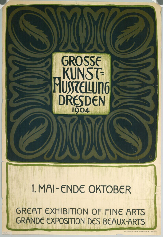 Plakat für die Große Ausstellung der bildenden Künste auf der Grand Exposition des Beaux-Arts in Dresden, Deutschland, 1904, mit auffälliger Textwerbung.