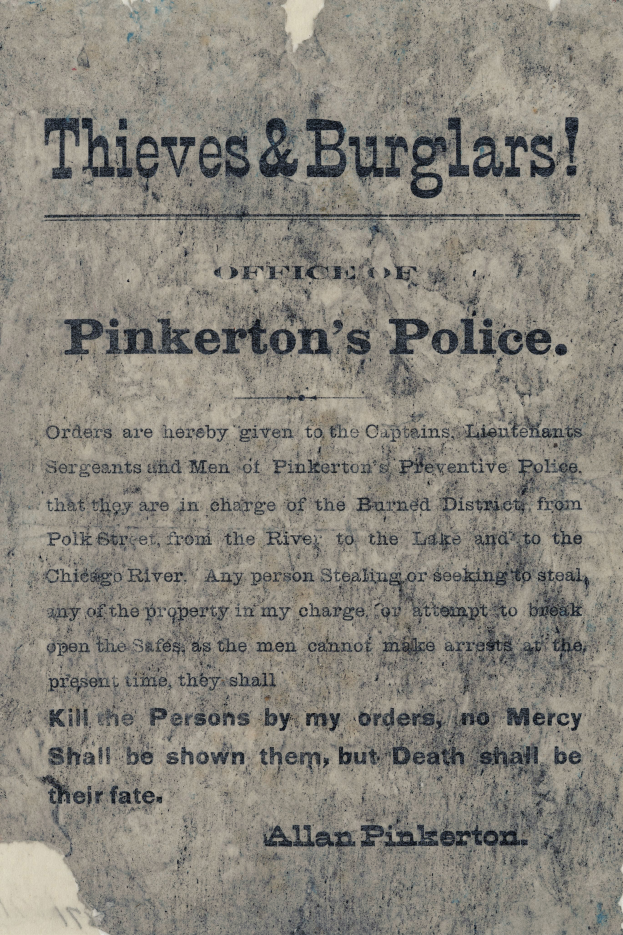 Ein Plakat mit fetter schwarzer Schrift, die 'Diebe & Einbrecher Pinkerton's Police' auf einem weißen Hintergrund zeigt.