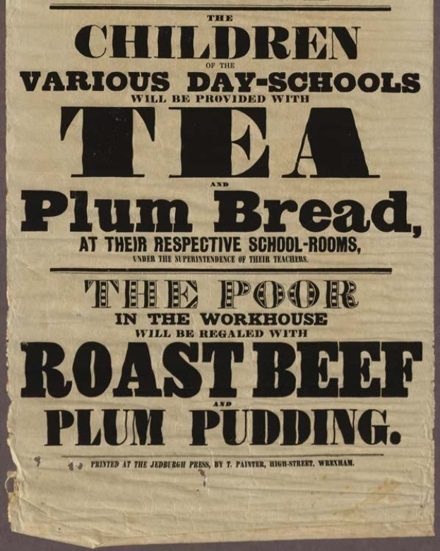 Ein Papier mit der Aufschrift "Die Kinder der verschiedenen Ganztagsschulen werden mit Tee, Pflaumenbrot und Rinderbraten sowie Pflaumenpudding versorgt."