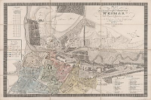 Ausführliche alte Karte von Weimar, Deutschland, zeigt Straßen, Gebäude und Sehenswürdigkeiten mit begleitendem Text über die Bevölkerung und bemerkenswerte Merkmale.