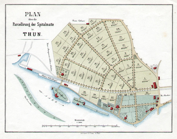 Ausführliche alte Karte von Thun, Deutschland, zeigt Straßen, Gebäude und Sehenswürdigkeiten mit lesbarem Text.