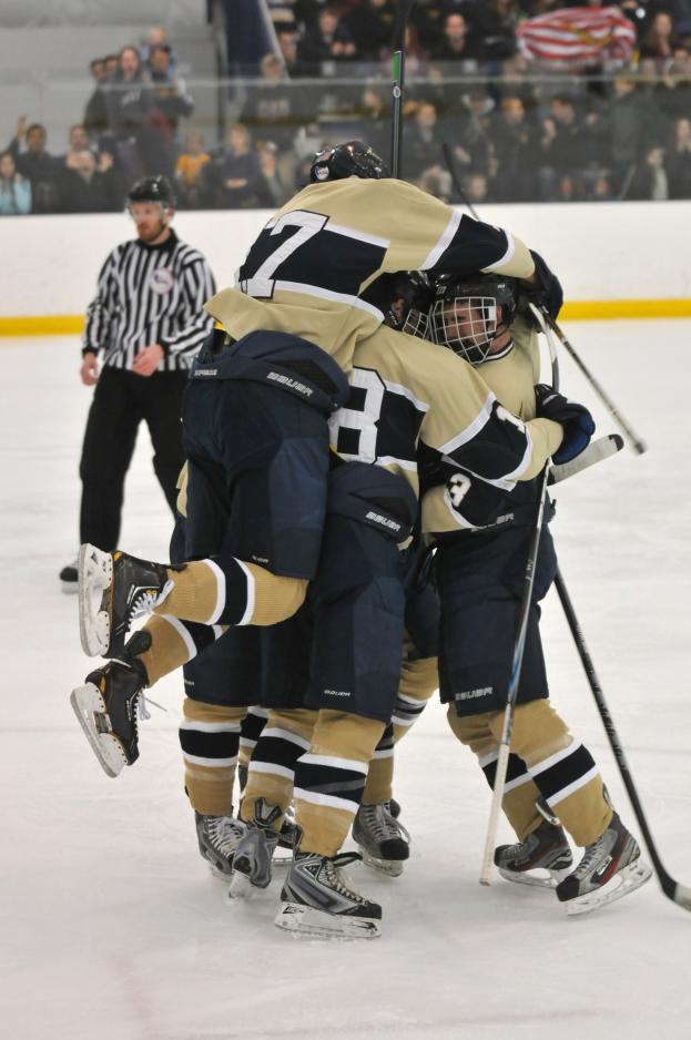 Gruppe von Hockey-Spielern in Uniform auf dem Eis während eines Spiels, mit Zuschauern im Hintergrund.