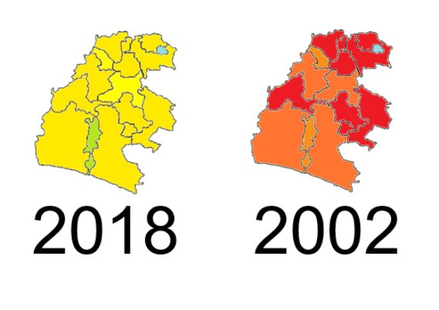 Eine weiße Deutschlandkarte, die die Provinzen von 2002 in rot und 2018 in gelb hervorhebt, mit etwas Text im Hintergrund.