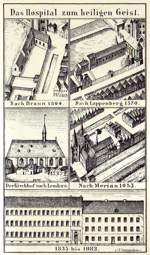 Detailreiche Abbildung eines deutschen Krankenhausgebäudes auf einem Plakat, einschließlich Text mit Informationen zur Größe, Lage und Ausstattung.