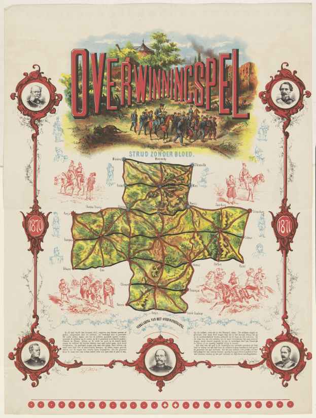 Buntes Plakat von Overwiningspel, Deutschland, mit detaillierter Karte und beschrifteten Sehenswürdigkeiten, lächelnden Menschen, Bäumen und fettem Text.