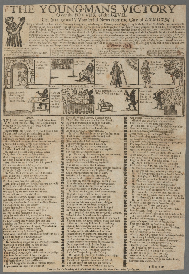 Ein Blatt mit Text und Illustrationen, das den Sieg eines jungen Mannes zeigt, mit detaillierten Abbildungen entschlossener junger Männer und auffälligem siegessicherem Text.