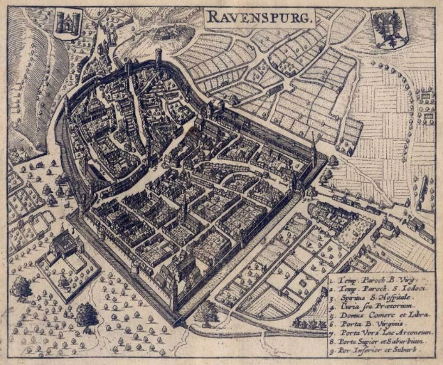 Ein detaillierter alter Stadtplan von Ravensburg, Deutschland, der Gebäude, Bäume, Straßen, Parks und Sehenswürdigkeiten zeigt.