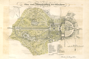 Ein alter Stadtplan von München, Deutschland, mit einem detaillierten Plan eines Parks und begleitendem Text.