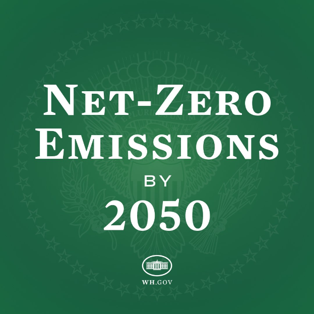Weißer fetter Text auf grünem Hintergrund: "net-zero-Emissionen bis 2050."