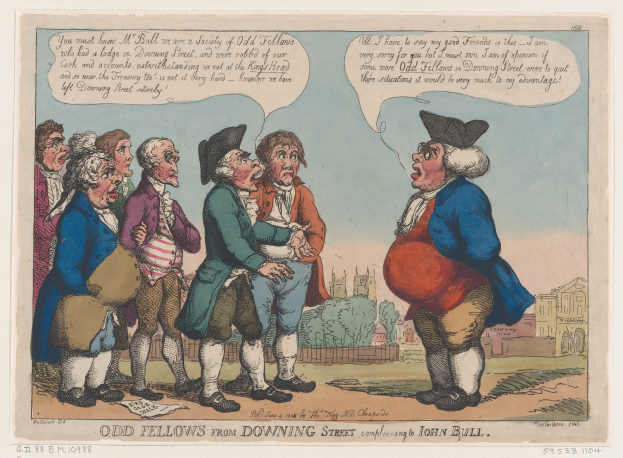 Zeichnung von Menschen, die vor einem Gebäude mit Bäumen und Himmel stehen, mit der Beschriftung "odd fellows from downing street complaining to John Bull" unten.
