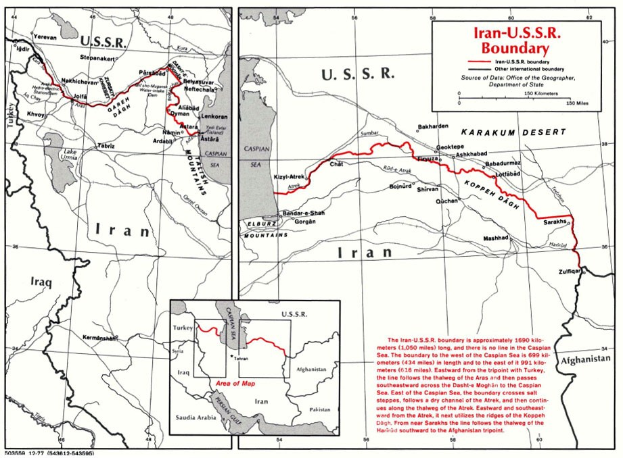 Detailierte Wandkarte des iranisch-sowjetischen Grenzverlaufs mit geografischen Merkmalen und Landesgrenzen sowie erklärendem Text.