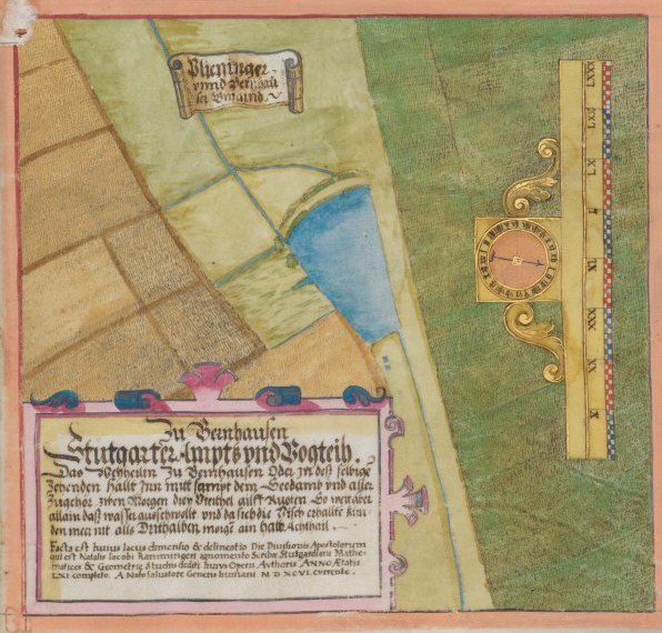 Illuminierte Handschriftenseite mit detaillierter Karte von Stuttgart, Deutschland, mit Straßen, Gebäuden und Sehenswürdigkeiten, begleitet von beschreibendem Text.