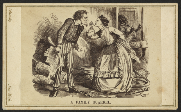 Ein Familienstreit dargestellt mit einem Mann, der ein Objekt hält und einer Frau, die neben ihm steht, mit der Beschriftung "ein Familienstreit" unten.