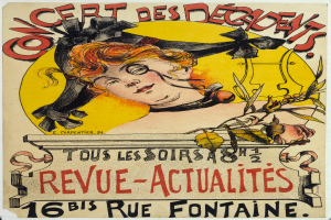 Ein Plakat, das ein Konzert der Decadents ankündigt und eine Frau mit einem menschlichen Gesicht zeigt sowie Textinformationen zum Event.