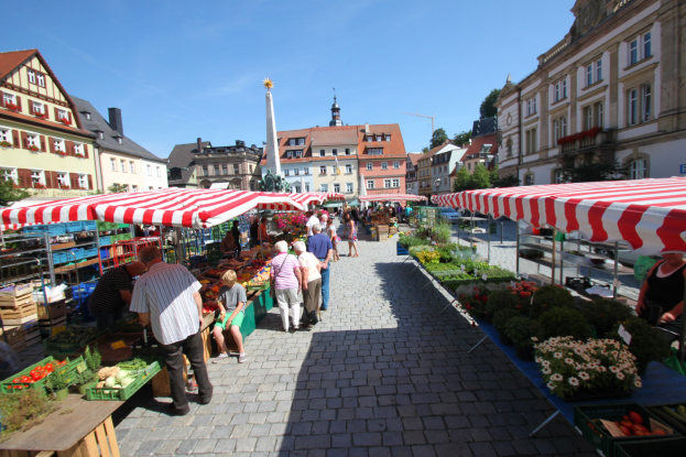 Ein belebter Markt im alten Stadtzentrum von Heidelberg mit Menschen, die umhergehen, sitzen und stehen, sowie Zelten, Tischen mit Gemüse und Gebäuden unter einem klaren blauen Himmel.