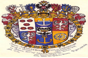 Ein Wappenbild mit einer Krone darauf, das das Familienwappen von Johann Anton H. Reichs darstellt, begleitet von Text, der Familieninformationen enthält.