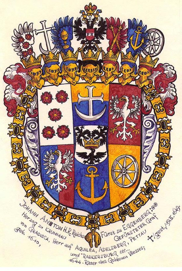 Ein Wappenbild mit einer Krone darauf, das das Familienwappen von Johann Anton H. Reichs darstellt, begleitet von Text, der Familieninformationen enthält.