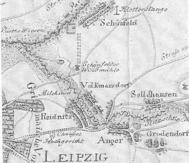 Detailierte alte Karte von Leipzig, Deutschland, zeigt Straßen, Gebäude, Sehenswürdigkeiten und Text mit zusätzlichen Stadtinformationen.