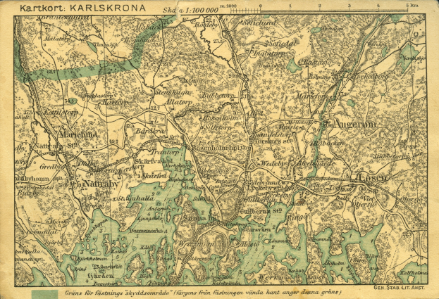 Alte detaillierte Karte von Karlsruhe, Deutschland, mit Text oben und unten, die Straßen, Gebäude und Sehenswürdigkeiten zeigt.
