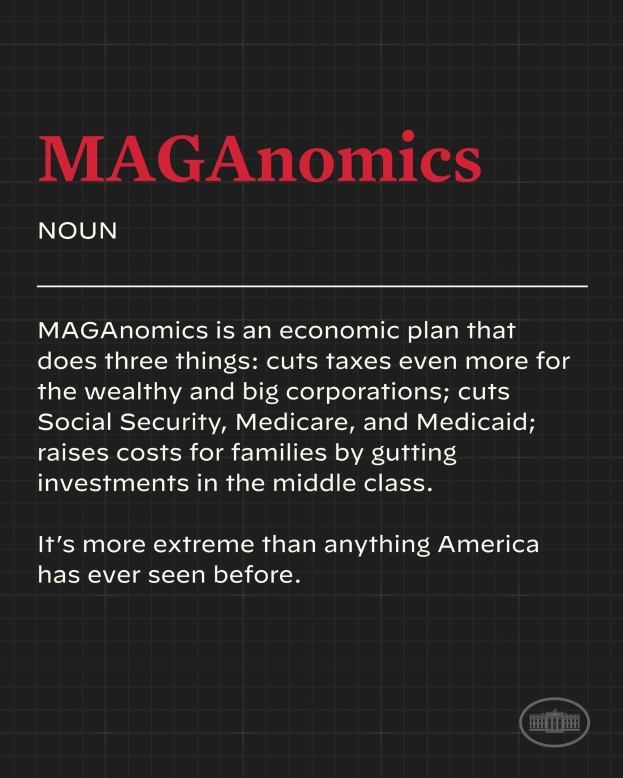 Plakat mit fettem schwarzen Text auf einem weißen Hintergrund, der von einem schmalen schwarzen Rahmen umgeben ist und "Maganomics: Ein Wirtschaftsplan, der drei Dinge tut - Steuern für Reiche und Großkonzerne weiter senkt."