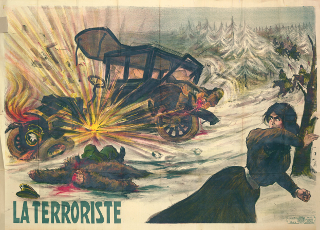 Ein Filmplakat für "La Terroriste" mit einer chaotischen Szene mit Menschen, Fahrzeugen, Bäumen und anderen Gegenständen in leuchtenden Farben und fetter Schrift.