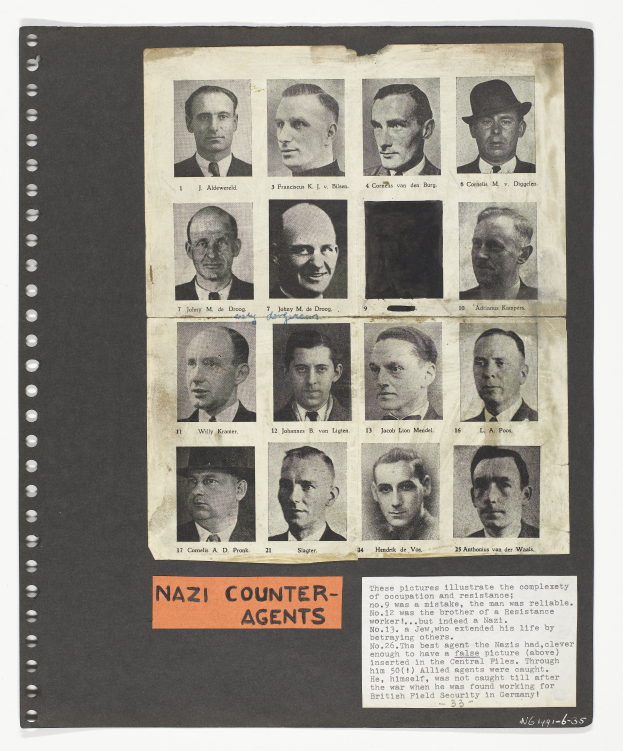 Ein Schwarz-Weiß-Foto eines Mannes im Anzug und Krawatte mit dunklem, zurückgekämmtem Haar, der direkt in die Kamera schaut und einen ernsten Gesichtsausdruck hat, mit den Worten 'Nazi-Gegenspionage' auf dem Bild.