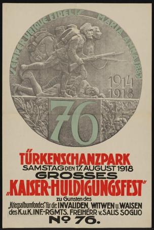 Plakat zum 70. Jubiläum des Kaiser-Huldigungsfestes in Berlin, Deutschland, mit einer Gruppe von Menschen in der Mitte, umgeben von Text und Zahlen im Bild.