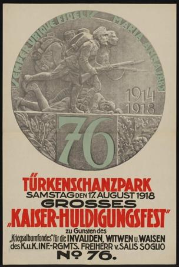 Plakat zum 70. Jubiläum des Kaiser-Huldigungsfestes in Berlin, Deutschland, mit einer Gruppe von Menschen in der Mitte, umgeben von Text und Zahlen im Bild.