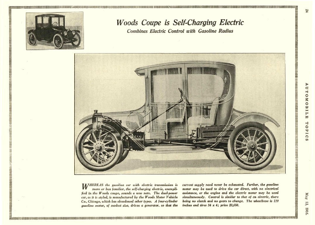 Anzeige für einen eleganten, modernen Wood's Coupé-Elektroauto mit geschwungener Dachlinie, großer, eckiger Frontgrille, glänzenden großen Rädern und getönten Fenstern, das auf Gras mit Bäumen im Hintergrund geparkt ist.