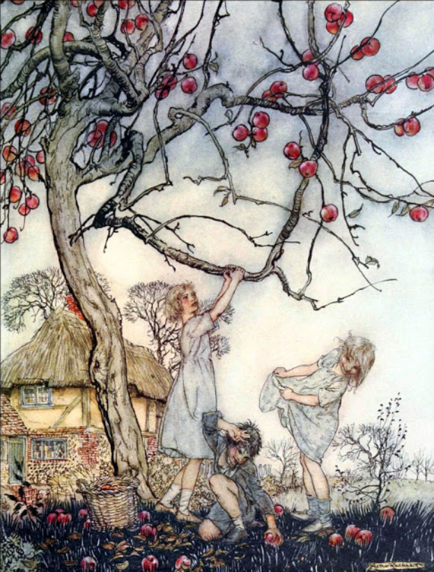 Ein Gemälde von drei Kindern, die Äpfel von einem Baum vor einem Haus mit Reetdach pflücken, umgeben von üppiger Vegetation unter einem strahlend blauen Himmel.