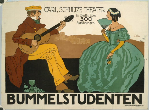 Plakat für ein Konzert im Carl-Schulze-Theater in Berlin mit einem Mann, der eine Gitarre spielt, und einer Frau, die einen Fächer hält.