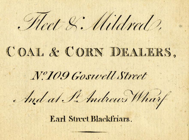 Schwarze und weiße Visitenkarte für 'Fleet & Mildred, Kohle- und Maishändler' an Nr. 109 Goswell Street und St. Andrew's Wharf, Earl Street Blackfriars.