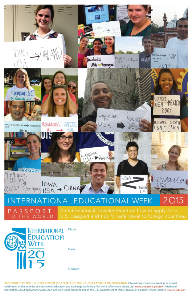 Internationaler Bildungswoche 2015 Plakat mit einer Gruppe von Menschen, die Schilder mit textbezogenen Inhalten halten.