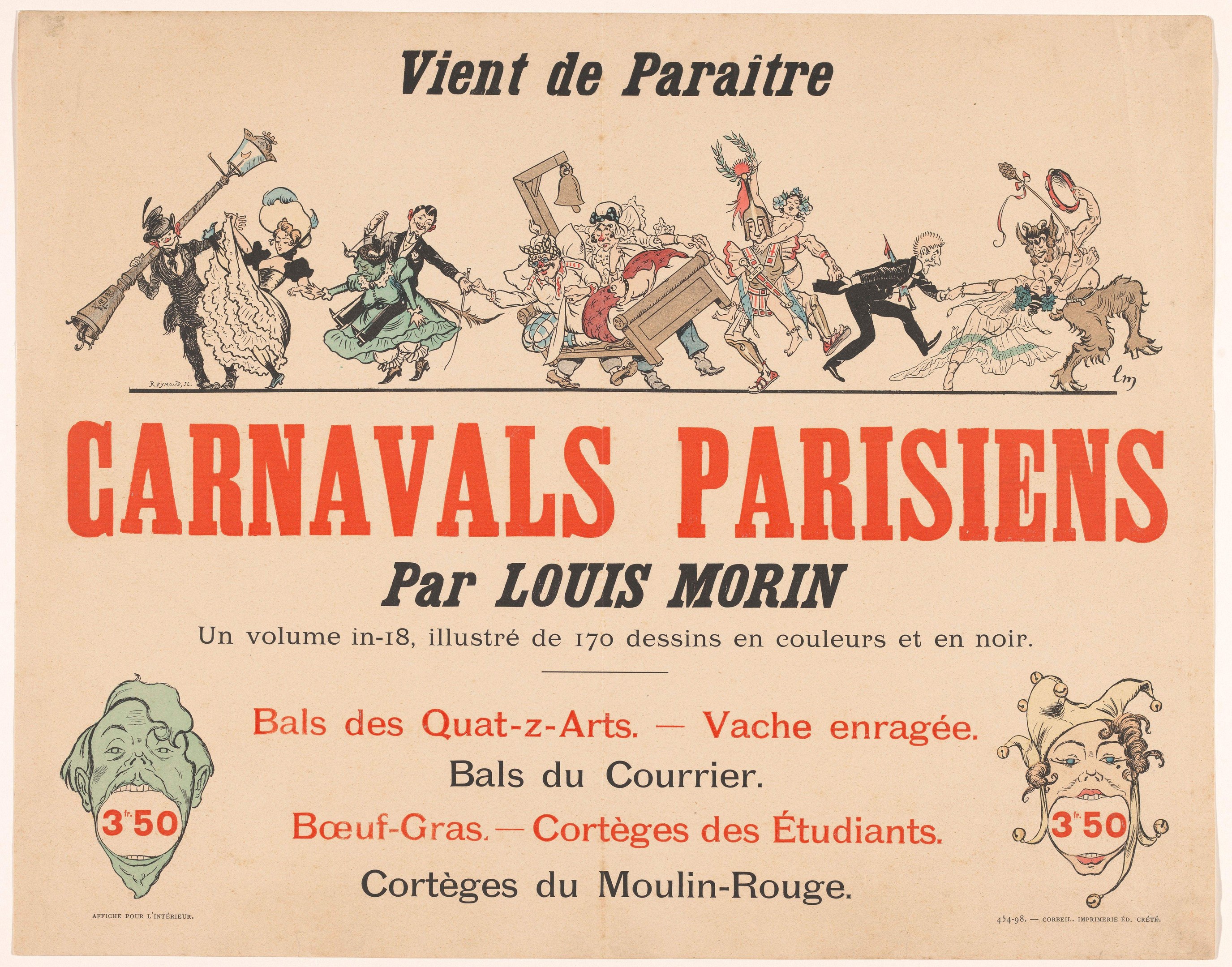 Eine Broschüre mit dem Titel "Carnivals Parisiens par Louis Morin" mit leuchtenden Illustrationen von kostümierten Menschen und einer mutigen, dekorativen Schriftart.