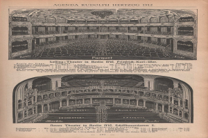 Schwarz-weiß-Illustration einer alten Buchseite mit einer großen Auditoriumszeichnung in Berlin, Deutschland aus dem Jahr 1912, mit begleitendem Text zur Beschreibung des Theaters.