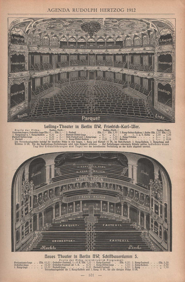 Schwarz-weiß-Illustration einer alten Buchseite mit einer großen Auditoriumszeichnung in Berlin, Deutschland aus dem Jahr 1912, mit begleitendem Text zur Beschreibung des Theaters.