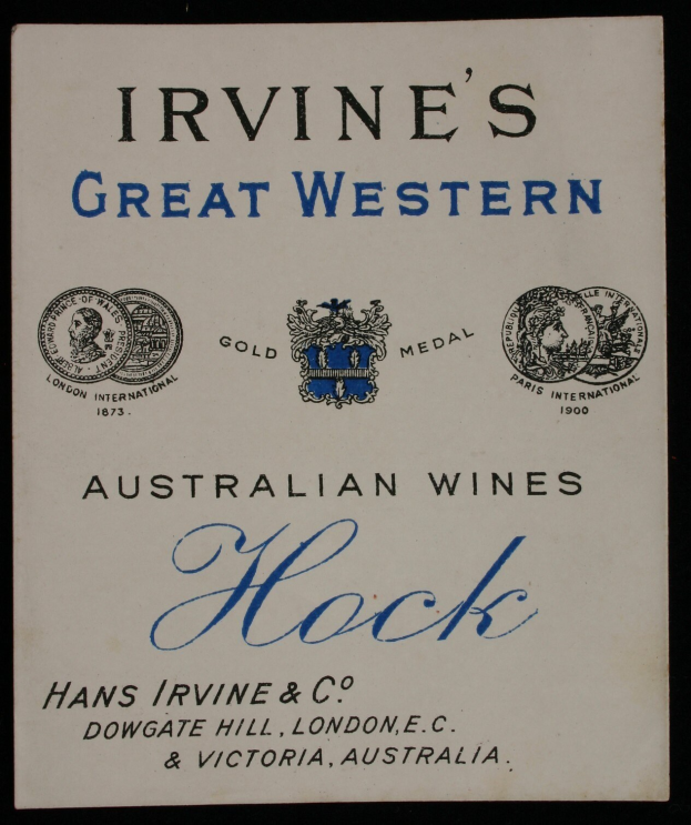 Plakat, das die großartigen australischen Weine von Irvine wirbt, mit dem Namen des Unternehmens, dem Text "Hock" und Logos.