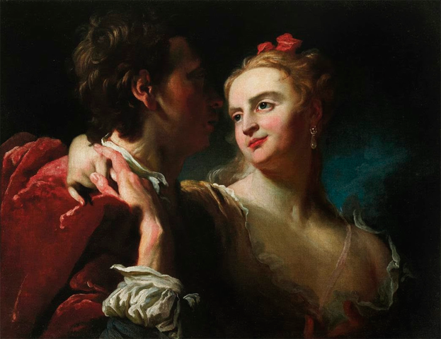 Ein Gemälde eines Mannes und einer Frau in inniger Umarmung, wobei die Frau ein weißes Kleid trägt und der Mann ein rotes Kleid, vor einem dunklen Hintergrund.