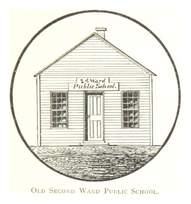 Alte zweistöckige öffentliche Schule mit einem zentralen Haus mit einer Tür und Fenstern, das einen klassischen, altmodischen architektonischen Stil zeigt.