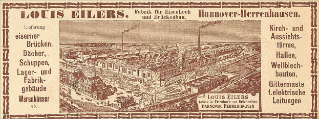 Eine alte Werbung für die Louis Eilers Hannover-Herrenhausen-Fabrik, die ein Fabrikgebäude mit darübergelegtem Text zeigt.