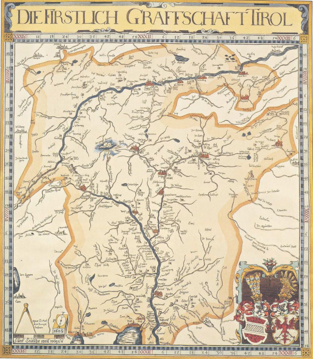 Detailreiches historisches Plakat der ersten Grafschaft Tirol-Karte, das geografische Merkmale wie Flüsse, Berge und Städte mit begleitendem Text zeigt.