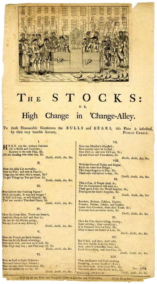 Schwarz-weiß-Illustration einer verzweifelten Menge in einem Finanzviertel, mit der Aufschrift "Die Börse oder der hohe Wechsel in Change-Alley" in fetter Schrift.