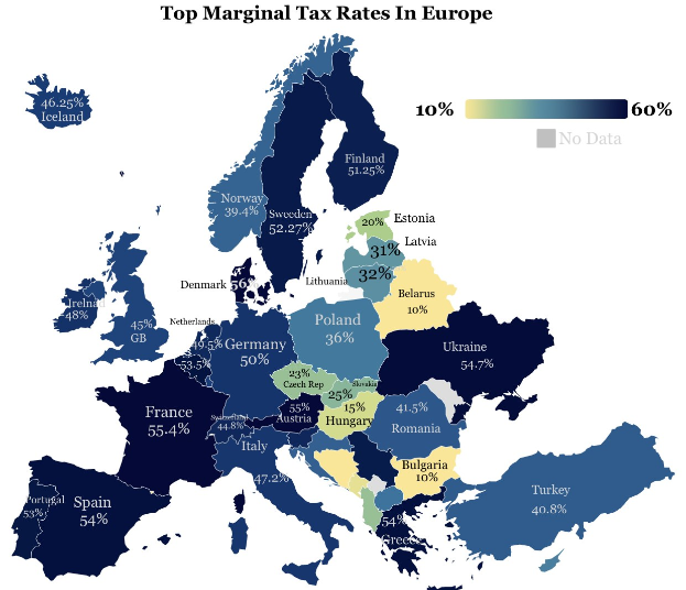 Eine Europa-Karte mit Ländern in verschiedenen Farben, die ihre Spitzensätze der Einkommensteuer anzeigen, mit der Überschrift "Spitzensätze der Einkommensteuer in Europa."