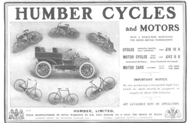 Werbeplakat für Humber Cycles and Motors mit verschiedenen Fahrrädern und Motorrädern und beschreibendem Text.